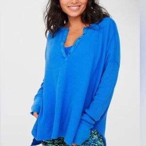 Aerie Long Sleeve Blue Waffle Knit Henley Tee